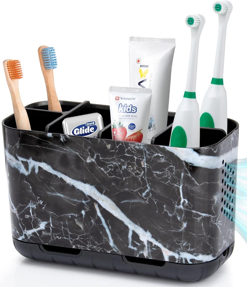 Boperzi Black Toothbrush Holder for Bathroom Toothpaste Organizer Countertop, Detachable Anti-Slip Marble Toothpaste Storage Caddy 6 Slots with Drainage Holes for Makeup Brush Razor Stand - Image 1